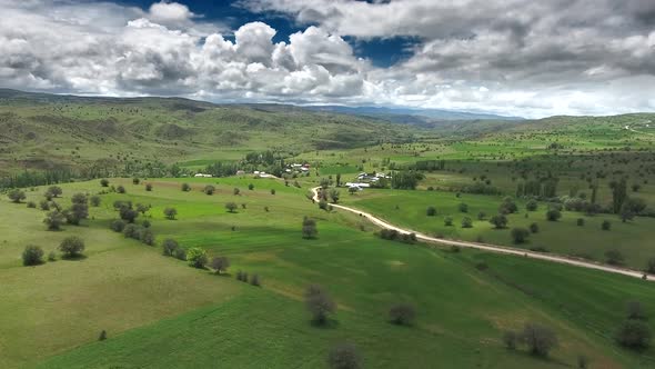 Little Village Houses Surrounded by Green Meadows and Low Hills in Standard Soft Geography