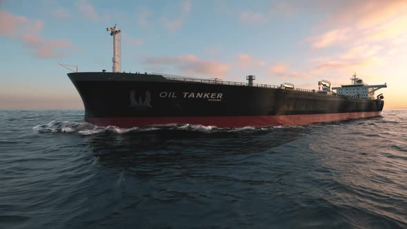 Oil Tanker Sailing In The Sea At Sunset