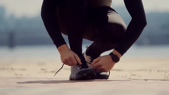 Marathon Runner Sport Shoes Tying Shoelace. Triathlete Cardio Running Endurance Workout Training.