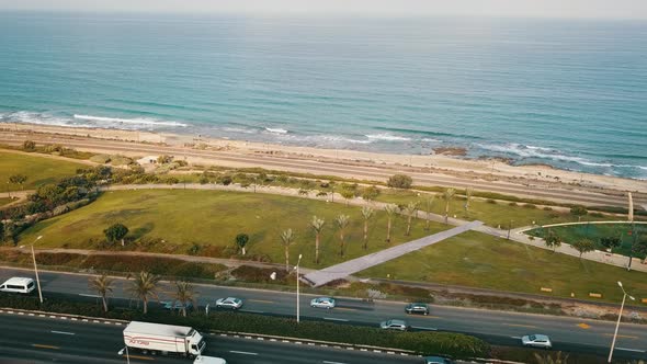 Aerial View of City Traffic on the Coast in Haifa Israel