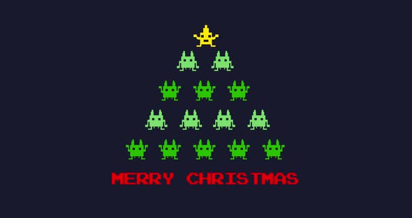 Animation of the words Merry Christmas and digital Christmas tree with star and Christmas decoration