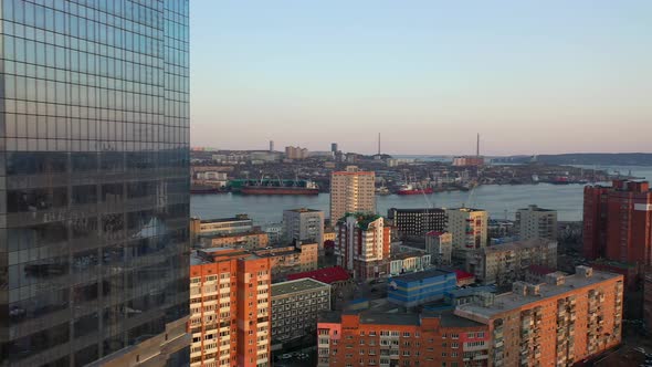 Drone View of a Modern Skyscraper Located in the Center of Vladivostok