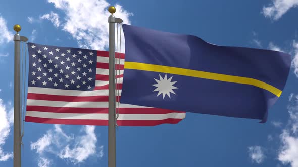 Usa Flag Vs Nauru Flag On Flagpole