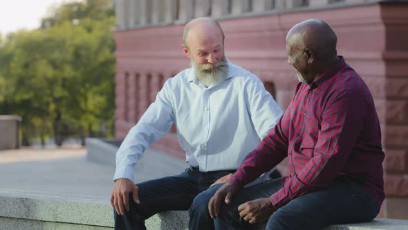 Cheerful Happy Diversity Elderly People African American and European Men Greeting or Saying Goodbye