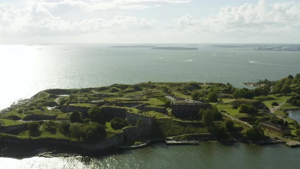 Aerial view overlooking the walls and the coast of the Susisaari island, at the Suomenlinna fortress