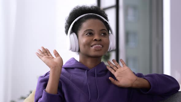 African American Black Handsome Woman Dancing with Headphones Enjoy Life Listening Favourite Music