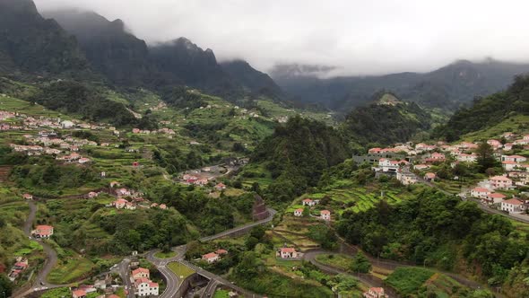 Flying over a beautiful landscape of Sao Vicente town in Madeira, Portugal