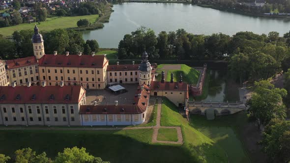 Flying Over the Nesvizh Castle, the Park Around the Castle and the Lake, Aerial Video of Nesvizh