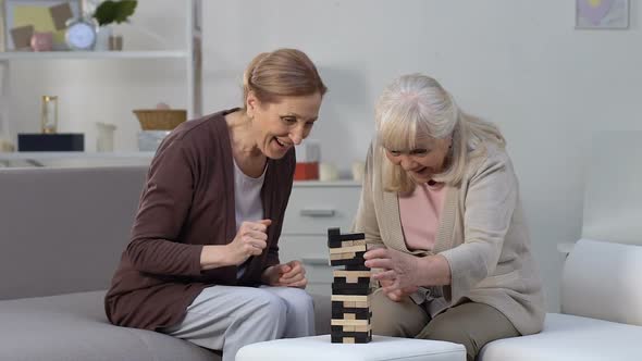 Elderly Females Playing Block Game Having Fun in Nursing Home, Retirement Hobby