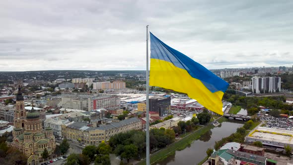 Flag of Ukraine, Cathedral Kharkiv city aerial