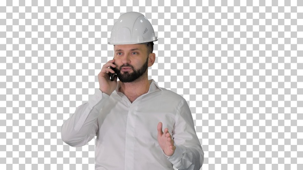 Engineer in white shirt and hard hat talking, Alpha Channel