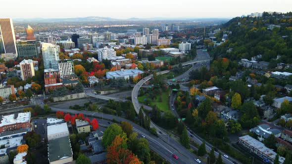 Aerial View of City Beautiful Buildings and Cars Driving in the Streets