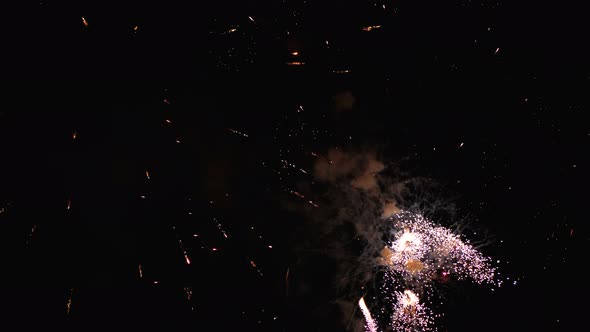 Fireworks Flashing in the Night Sky. Slow Motion. Real Fireworks with Smoke