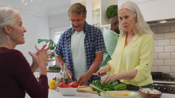 Animation of happy diverse female and male senior friends preparing meal in kitchen, talking