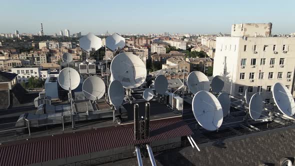 TV Antennas on the Roof of the Building. Aerial. Kyiv, Ukraine