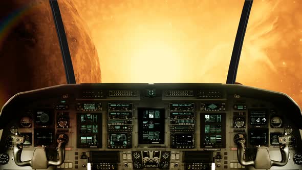 Spaceship Cockpit Windows Flying Towards a Sun