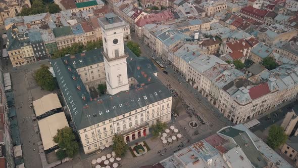 Aerial Drone Footage of European City Lviv, Ukraine, Flight Above Popular Ancient Part of Old Town