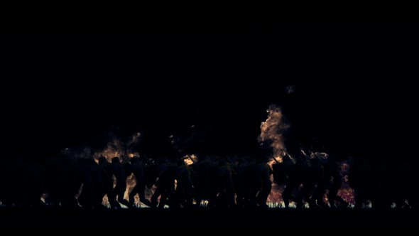 Army Of Knights Marching In A Burning Battle Field