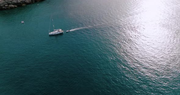 Aerial View of Summer Resort Town Port De Soller on Majorca Island Sandy Beach Boats Yachts Clear