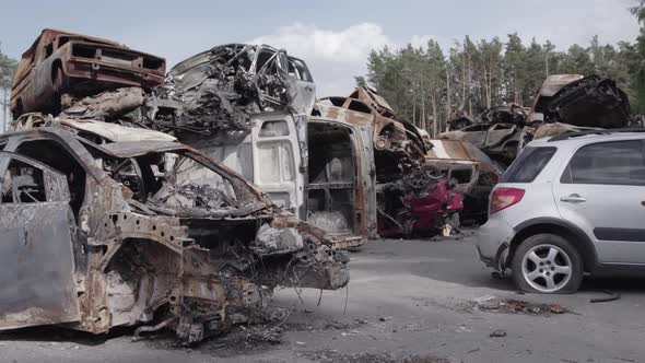 War in Ukraine a Dump of Shot and Burned Cars in Irpin Bucha District