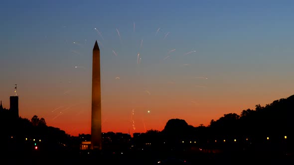 American Celebration Washington Monument at Night with Holiday Festive 4Th July Fireworks