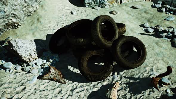 Old Tire on the Seashore and Pollution of Nature