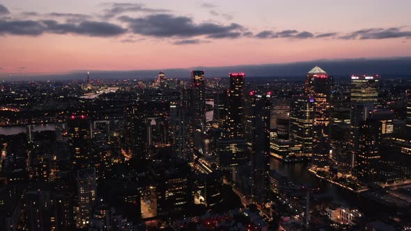 Elevated View of Modern Tall Buildings in Canary Wharf Financial Hub at Dusk