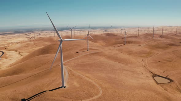 Aerial View of Wind Turbines Energy Production  Aerial Shot Over California