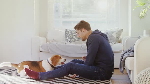 Young man sitting on ground playing with his pet dog 4K 4k