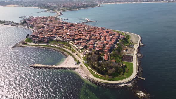 Aerial View of Nesebar Ancient City on the Black Sea Coast of Bulgaria