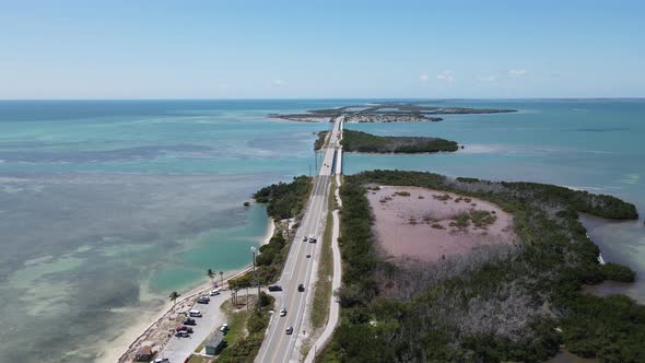 Higher altitude distant aerial view of Bahia Honda Key in the Florida Keys flying south to Key West