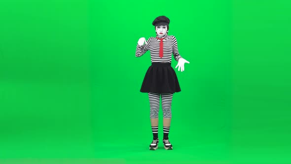 Mime Putting Hands on Invisible Glass. Chroma Key. Full Length