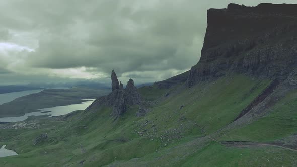 View to famous mountains Old Man of Storr in Scotland, Uk