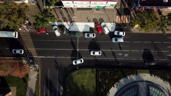 Drone's Eye View: Aerial City Traffic, Top Down View of Freeway Busy City Rush Hour Traffic Jam