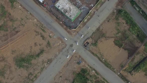 Aerial view of disorganized crossroads on poor neibohood, Phnom Penh, Cambodia.