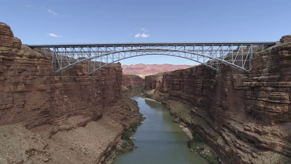 Aerial view of Navajo Bridge and Colorado River