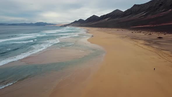 Flight Over Desert Beach on Fuerteventura Island, Spain