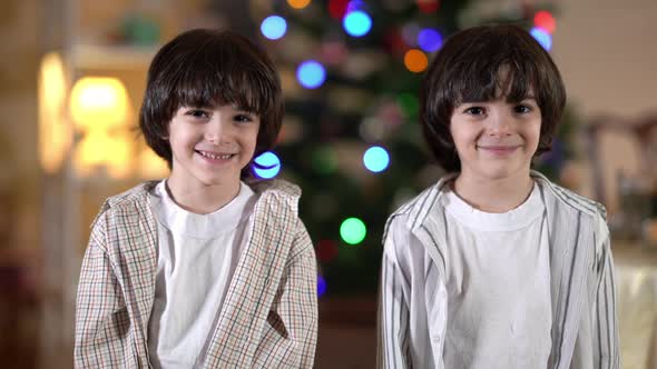 Two Happy Middle Eastern Twin Brothers Looking at Camera Smiling with Decorated Christmas Tree at