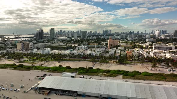 Aerial pull out shot Miami Beach Art Basel weekend