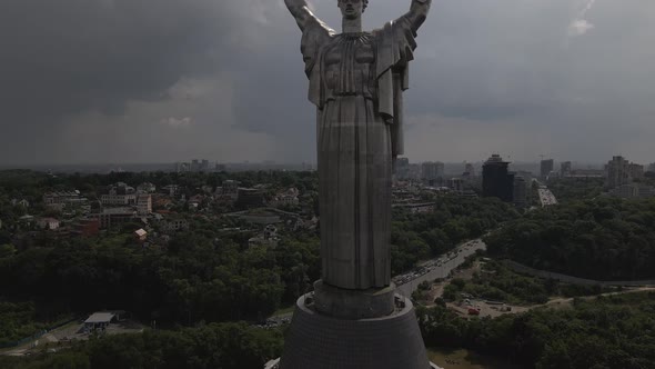 Drone is Flying Over the Massive Monument of Motherland Car Traffic Kyiv