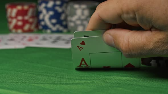 Poker Chips And Two Aces. Close Up