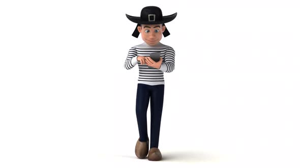 Fun 3D cartoon breton man with a mask on the phone