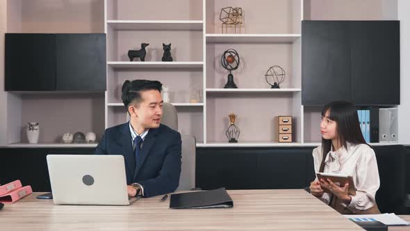 Secretary with tablet documents woman she making financial reports calculating to manager