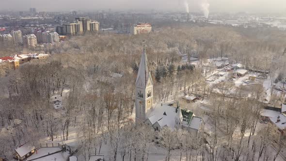 Aerial: The tower of Kaliningrad Puppet Theatre in the wintertime