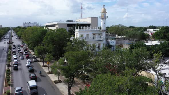 Aerial push in to the el Minaret mansion on the Paseo de Montejo in Merida, Yucatan, Mexico.