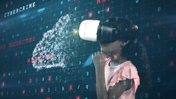 Girl using virtual reality headset and digital screen