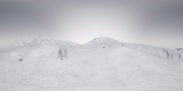 VR 360 Camera Moving Above Snow Rocky Mountains