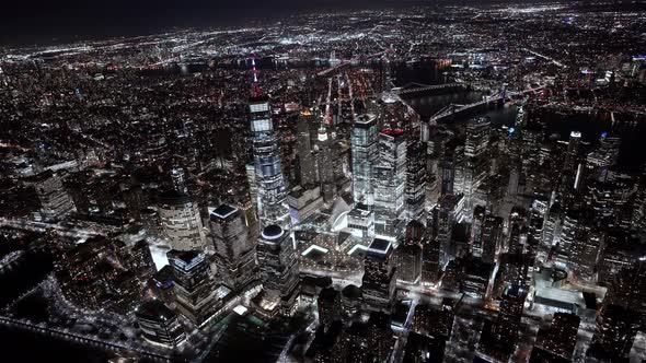 Wide angle view of the Financial district at Night as seen from a helicopter