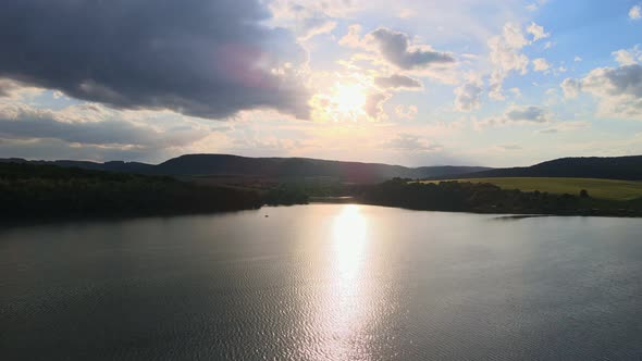 Aerial view of Teply vrch reservoir in Slovakia - Sunset