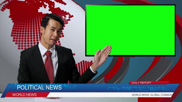 Asian Male Anchor Reporting On The Political, Video Story Show Green Chroma Key Screen